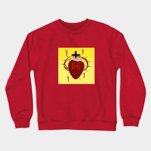 Sacred Heart of Jesus with Christogram on Yellow Crewneck Sweatshirt by MikeCottoArt